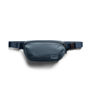 Bellroy Laneway Belt Bag in blue recycled nylon with zippered main compartment and adjustable strap