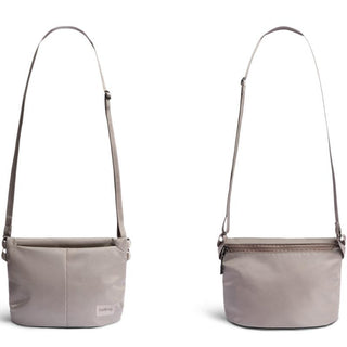 Bellroy Laneway Sacoche in taupe showing front and back with adjustable strap and recycled fabric texture