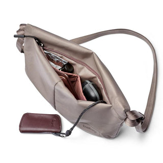 Bellroy Laneway Sacoche in taupe with adjustable strap and organized interior compartments