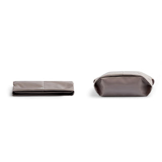 Bellroy Laneway Sacoche in taupe showing folded and bottom views with smooth recycled nylon fabric
