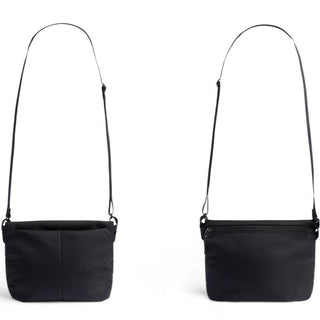 Bellroy Laneway Sacoche in black recycled nylon shown front and back with adjustable strap details