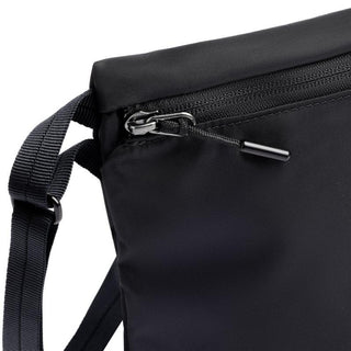 Close-up of black Bellroy Laneway Sacoche showing durable recycled nylon fabric and zipper detail
