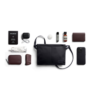 Bellroy Laneway Sacoche in black recycled fabric with front pockets and adjustable shoulder strap