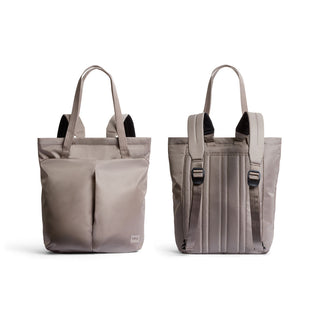 Bellroy Laneway Totepack in taupe showing front pockets and padded adjustable backpack straps