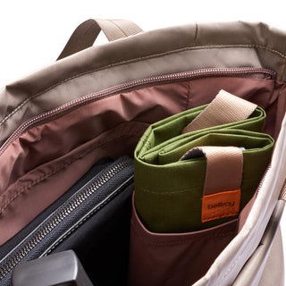 Bellroy Laneway Totepack interior showing organized compartments with green fabric insert and durable stitching