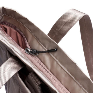 Bellroy Laneway Totepack soft recycled fabric tote with secure top zipper and tan straps close-up