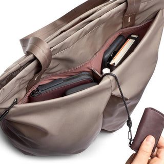 Bellroy Laneway Totepack in taupe showing organized interior pockets and eco-friendly recycled materials