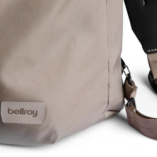 Close-up of beige Bellroy Laneway Totepack corner highlighting fabric texture and adjustable strap detail