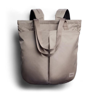 Bellroy Laneway Totepack in taupe recycled fabric with dual handles and front pockets visible