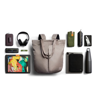 Bellroy Laneway Totepack in taupe with smooth recycled fabric and organized everyday essentials around it