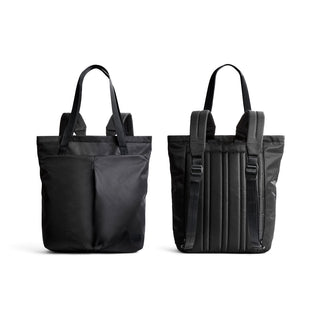 Bellroy Laneway Totepack showing front and padded back straps in sleek black recycled nylon material