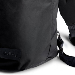 Close-up of black Bellroy Laneway Totepack showing recycled fabric texture and adjustable strap detail