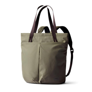 Bellroy Laneway Totepack in olive green with dual front pockets and brown handles, made from recycled materials