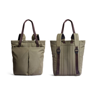 Bellroy Laneway Totepack in olive with brown handles shown front and back, featuring padded straps and external pockets