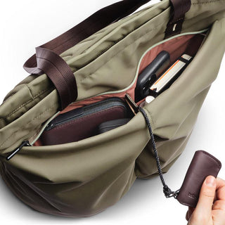 Bellroy Laneway Totepack in olive with organized interior pockets and key holder accessory