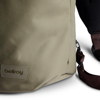 Bellroy Laneway Totepack in tan recycled fabric with close-up on textured material and strap details