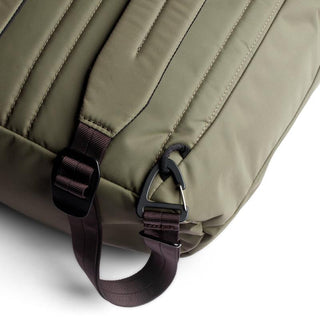 Bellroy Laneway Totepack close-up of olive fabric with black carabiner and adjustable strap detail