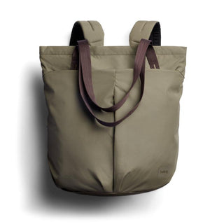 Bellroy Laneway Totepack in muted olive with dual straps and soft recycled fabric texture visible