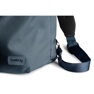 Close-up of Bellroy Laneway Totepack fabric texture and navy blue adjustable strap detail