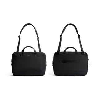 Bellroy Via Work Bag (Tech Briefcase) in black recycled fabric shown front and back views with strap