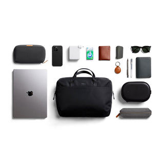 Bellroy Via Work Bag (Tech Briefcase) in black with tech accessories and minimalist design layout
