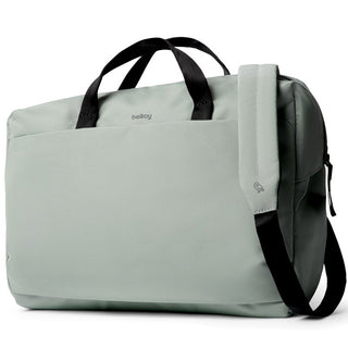 Bellroy Via Work Bag (Tech Briefcase) in muted green with black handles and padded shoulder strap