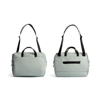 Bellroy Via Work Bag (Tech Briefcase) in light gray recycled fabric shown front and back view