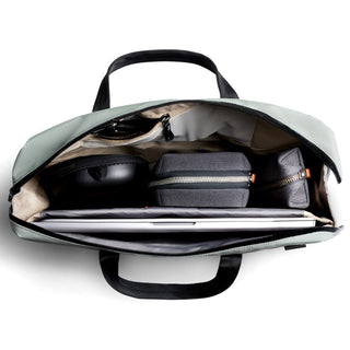 Bellroy Via Work Bag (Tech Briefcase) open top view showing organized compartments and tech accessories inside
