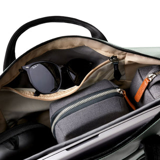 Bellroy Via Work Bag (Tech Briefcase) with organized interior pockets holding accessories and sunglasses