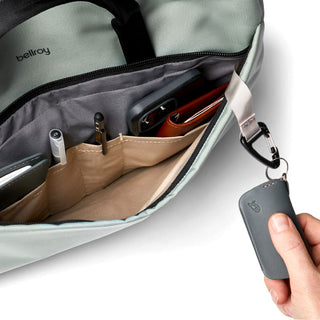 Bellroy Via Work Bag (Tech Briefcase) open showing organized interior pockets and key attachment clip