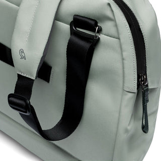 Bellroy Via Work Bag (Tech Briefcase) close-up of light green recycled fabric and black adjustable strap detail