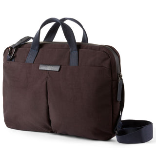 Bellroy Tokyo Laptop Bag 14" in dark brown with blue handles and detachable shoulder strap