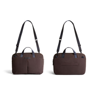 Bellroy Tokyo Laptop Bag 14" in dark brown with adjustable straps and dual handles shown front and back view