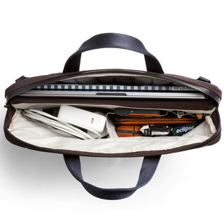 Bellroy Tokyo Laptop Bag 14" open showing organized interior with laptop, accessories, and beige lining