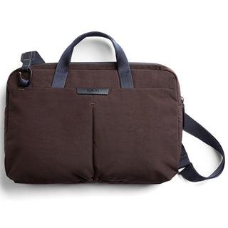Bellroy Tokyo Laptop Bag 14" in dark brown with navy handles and adjustable shoulder strap