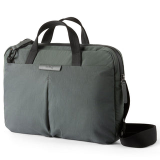 Bellroy Tokyo Laptop Bag 14" in muted green with dual handles and detachable shoulder strap