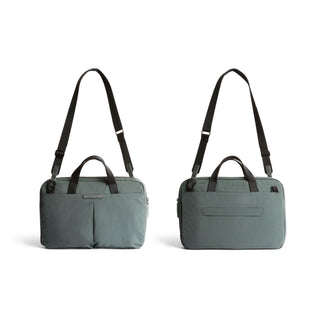 Bellroy Tokyo Laptop Bag 14" recycled fabric with front pockets and adjustable shoulder strap shown front and back