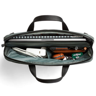Bellroy Tokyo Laptop Bag 14" open showing organized laptop, charger, mouse, and small accessories inside compartments