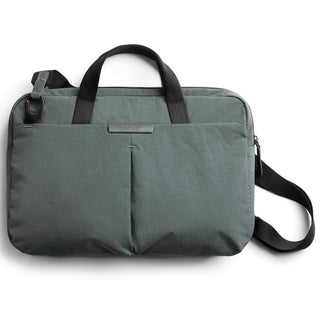 Bellroy Tokyo Laptop Bag 14" in muted green with front pockets and black handles visible from above