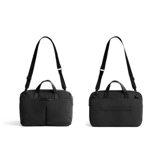 Bellroy Tokyo Laptop Bag 14" in black recycled fabric shown from front and back with adjustable strap