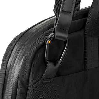 Bellroy Tokyo Laptop Bag 14" close-up of black recycled fabric and metal carabiner detail on strap