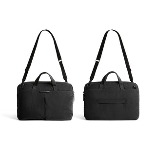 Bellroy Tokyo Laptop Bag 16" in black, front and back views showing compact design and adjustable straps