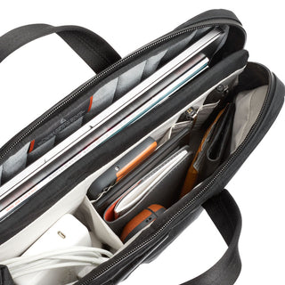 Bellroy Tokyo Laptop Bag 16" open showing organized compartments with tech accessories inside