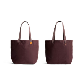 Bellroy Market Tote in deep brown recycled nylon shown from front and back angles with long handles