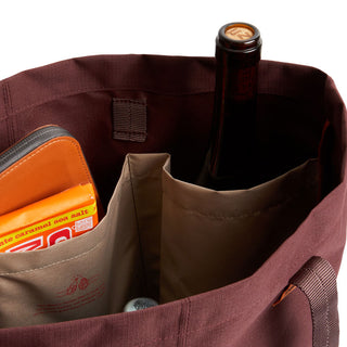 Bellroy Market Tote with brown recycled nylon fabric and organized interior compartments holding items