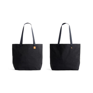 Bellroy Market Tote in black recycled nylon showing front and back with long shoulder straps