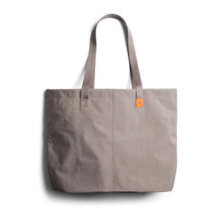 Bellroy Market Tote in taupe recycled nylon with long handles and orange logo patch