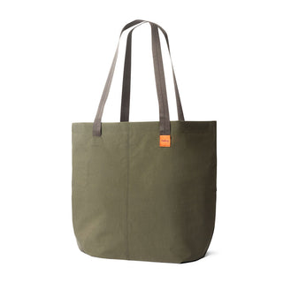 Bellroy Market Tote in olive green recycled nylon with long grey handles and orange label detail