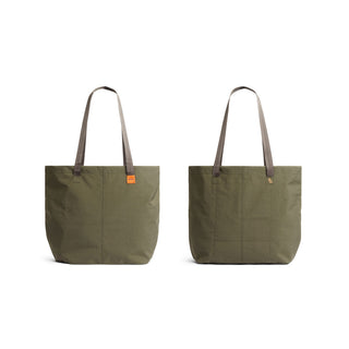 Bellroy Market Tote in olive green recycled nylon with long handles shown front and back angles