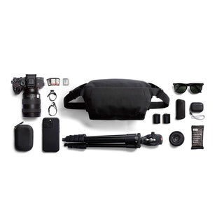 Bellroy Venture Sling 10L - Camera Edition with black recycled fabric and organized photography gear layout